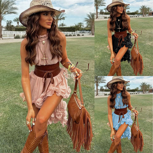 Ruffled Sleeveless Skirt Outfit Leisure Vacation Chiffon