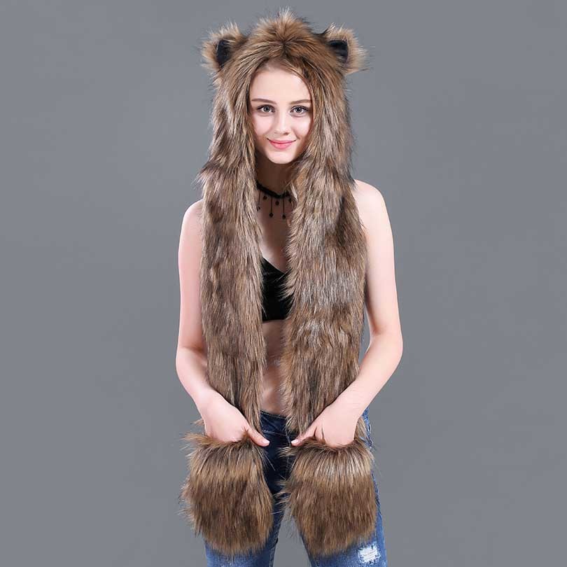 Faux Fur Strå Tegneserie Dyrehat Tørklæde Handsker Én