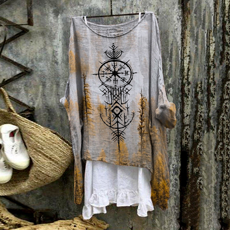Womens Casual Long-sleeve Loose-fit Printed Top