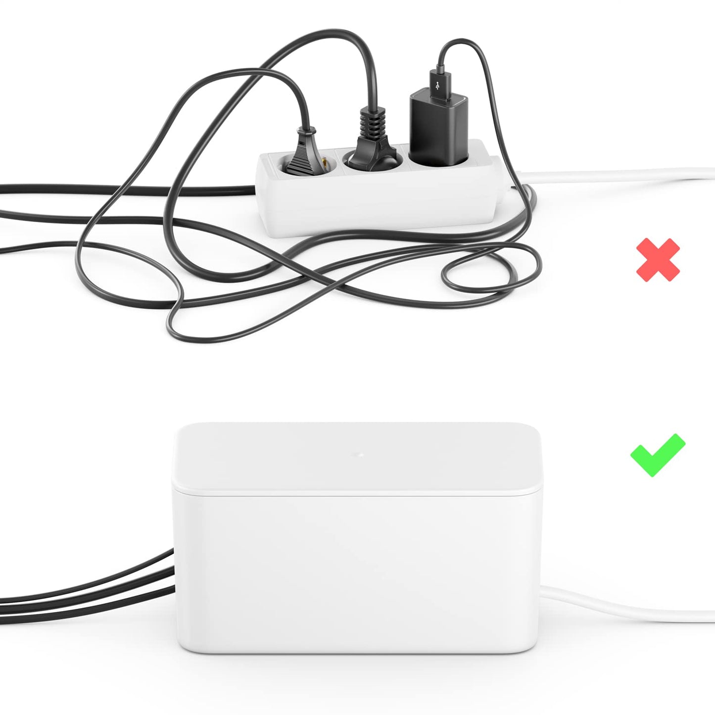 deleyCON Kabelhanternig Box Kabel Organiserare Box Kabellåda 23,5cm x 11,5cm x 11,5cm Robust Plast 2 Sidomonterade Kabelledare Skydd och Säkerhet Vit