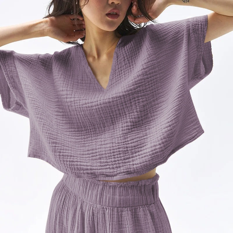 Female Simplicity Short Pure Cotton Gauze Casual Top
