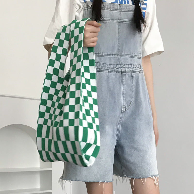 Checked Knitted Handbag With Convenient Hand Bag