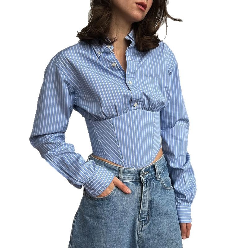 Striped Lapel Fitted Waist Short-length Long Sleeves