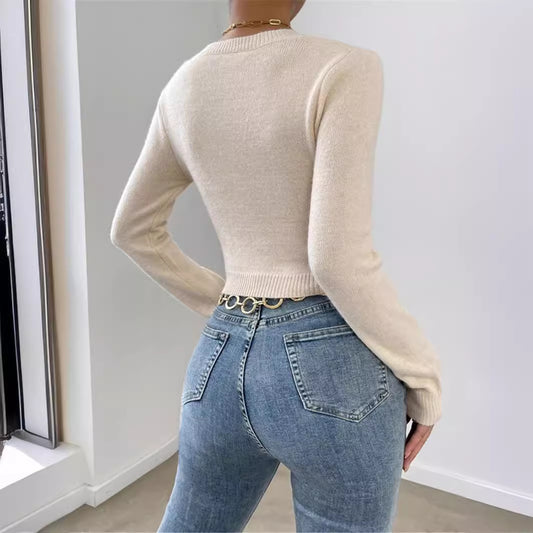 Round Neck Design Cross Knitted Top Sweater For Women