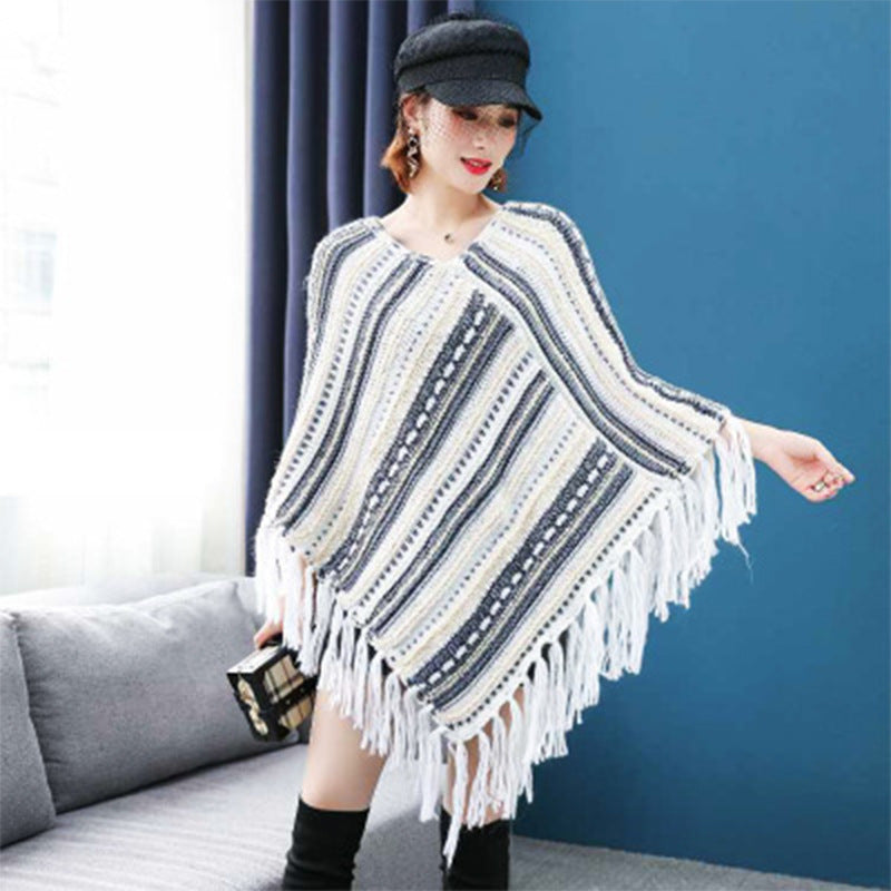 Striped wool fringe diamond hem women's shawl