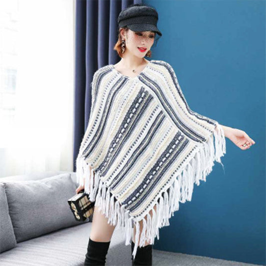 Striped wool fringe diamond hem women's shawl