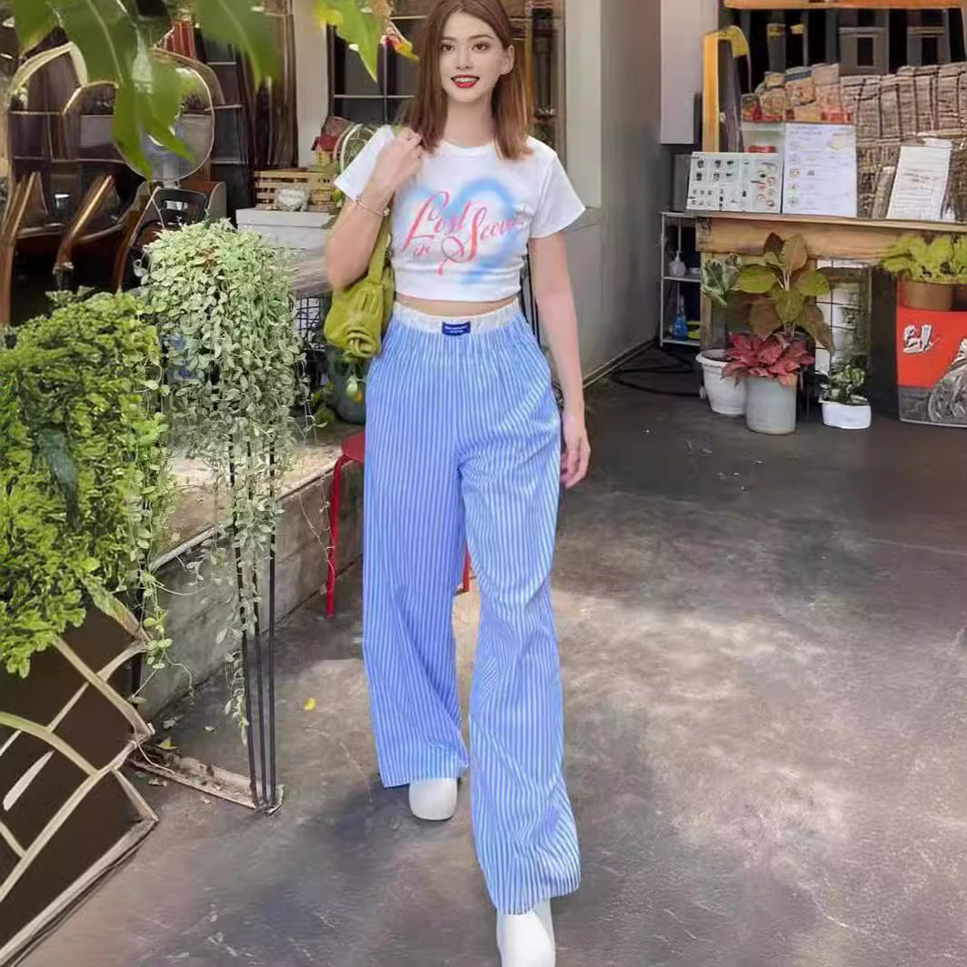 Vertical Stripes Stitching Waist Elastic Wide Leg Pants Fake Two Pieces