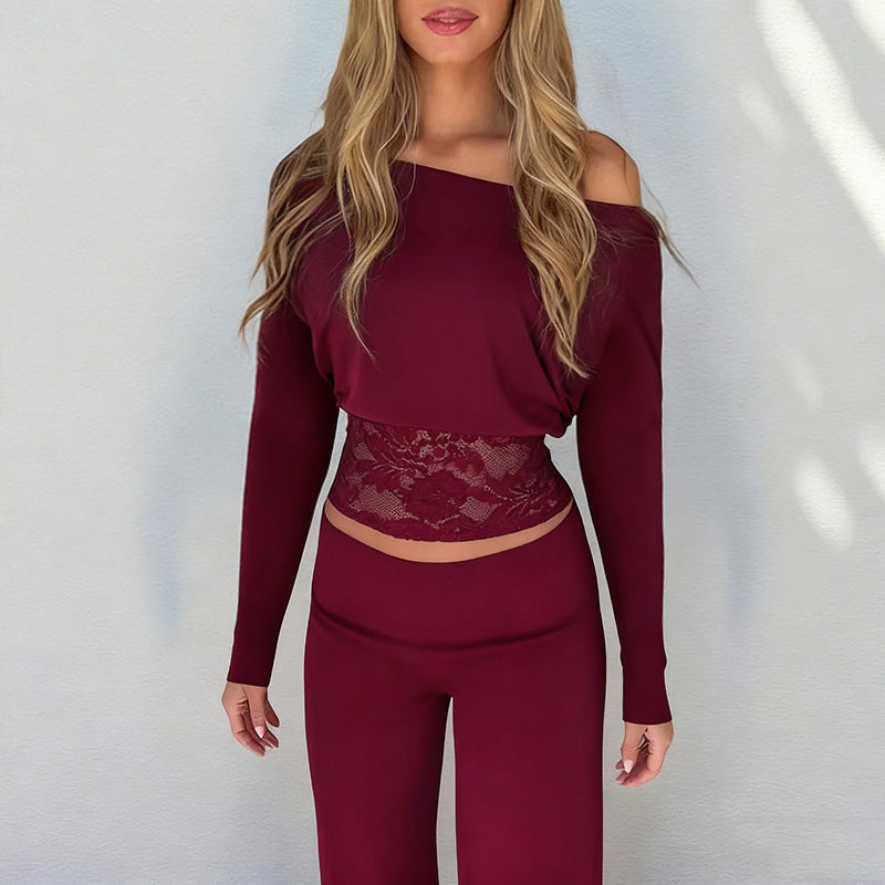 Women's Lace Patchwork Asymmetric Shoulder Top