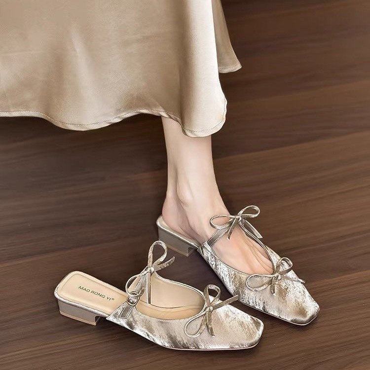 New Women's Bowknot Closed Toe Mule Slippers Elegant Chunky Heel One-Step Slip On Sandals