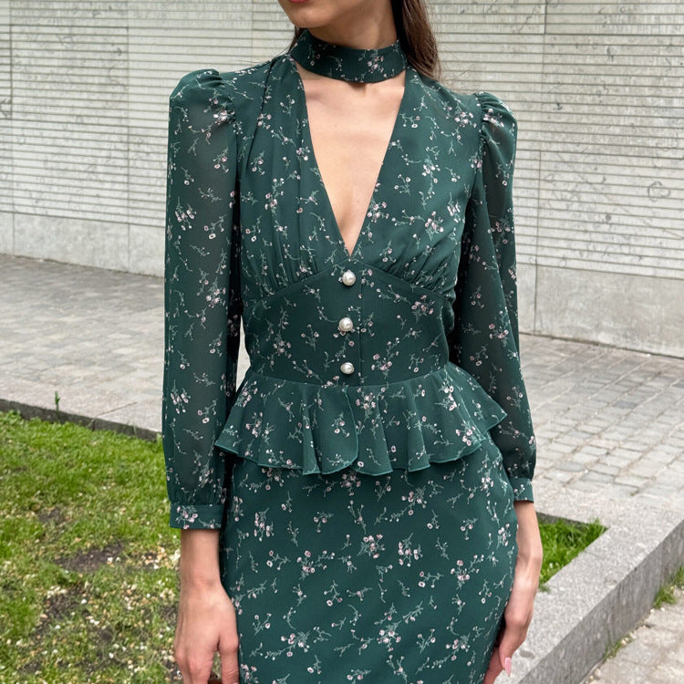 Floral-print Collar V-neck Long-sleeve Ruffle-trim Top Two-piece Set