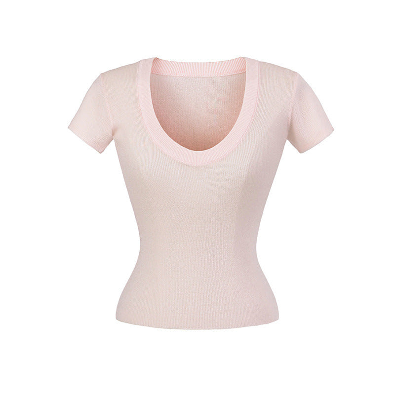 Europæisk og amerikansk stil hot girl uld scoop ensfarvet slim stretch top