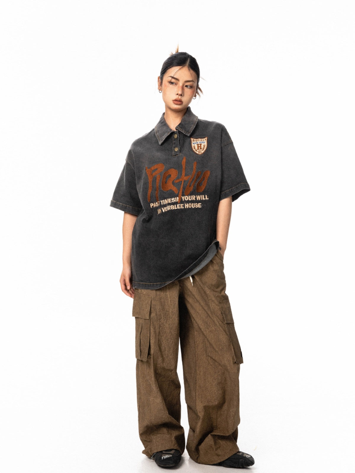 Embroidered Denim Short Sleeve Retro Neutral Loose