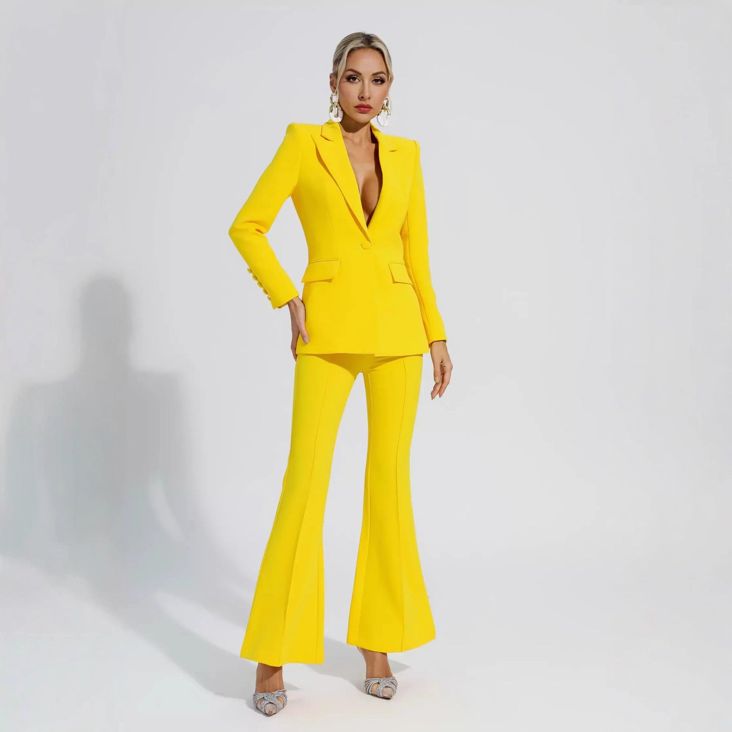 Solid-Color Casual Slim-Fit Flare Long-Sleeve Pantsuit