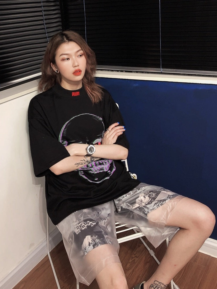 summer European and American street grotesque stitching transparent fake two shorts hip hop handsome wide leg five pants