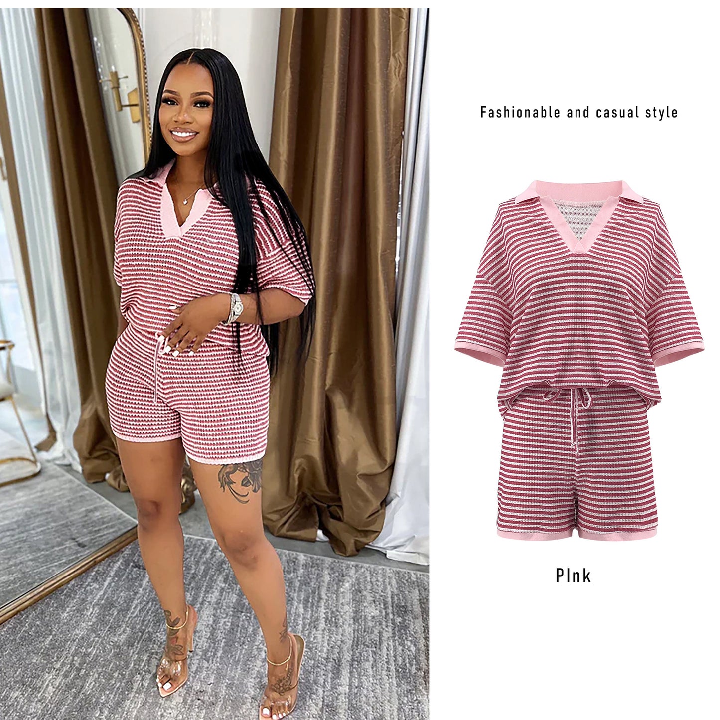 Mid-sleeve V-neck Striped Knit Top And High-waisted Shorts Set