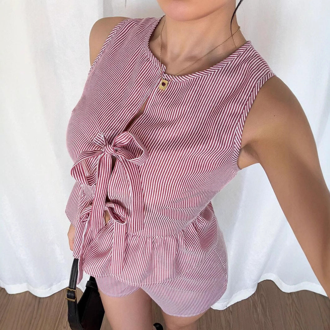 Womens Fashion Striped Short-Sleeve Bow-Knot Shorts Set