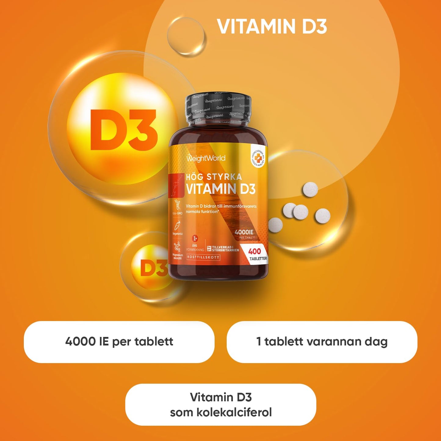 Vitamin D3 4000 IU - 400 tabletter (1 tablett varannan dag) - Solvitamin för immunförsvar, ben, tänder och muskler (EFSA) - 100% ren kolekalciferol vitamin D från WeightWorld