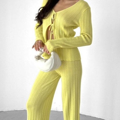 Womens Set Long-sleeve Tie-front Cardigan With Casual Trousers