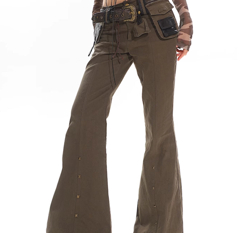 Black Weila Slimming Washed Denim Army Green Design Sense Bell-bottom Pants