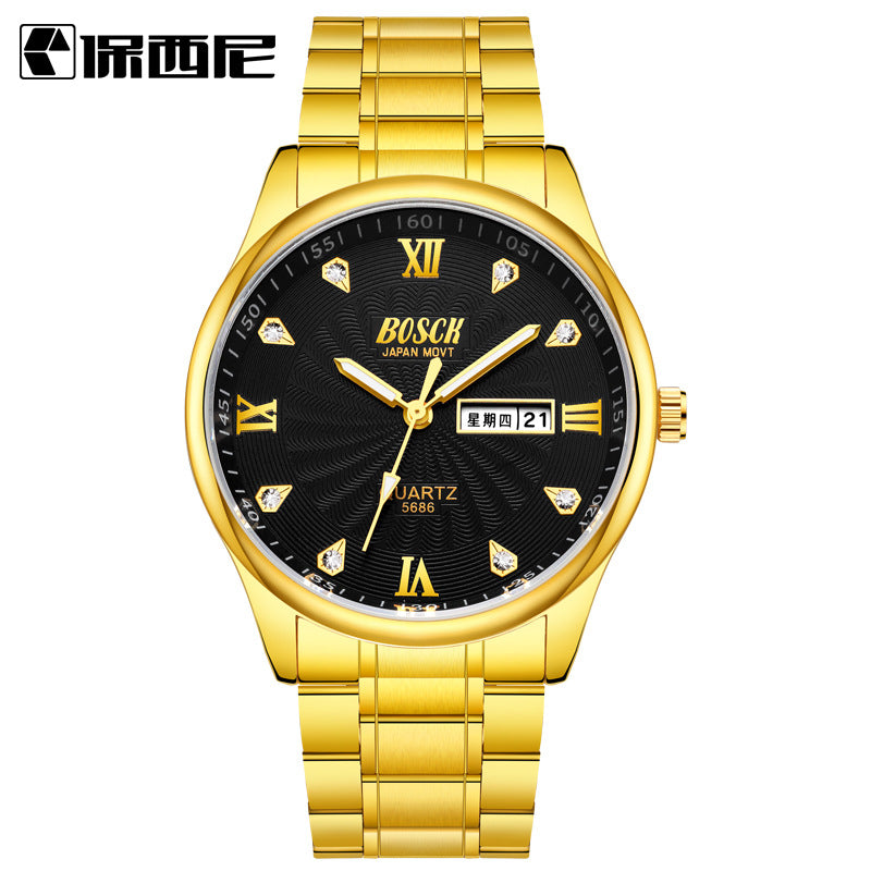 Explosion proof men's steel belt watch, waterproof double calendar quartz watch, business fashion non mechanical watch manufacturer