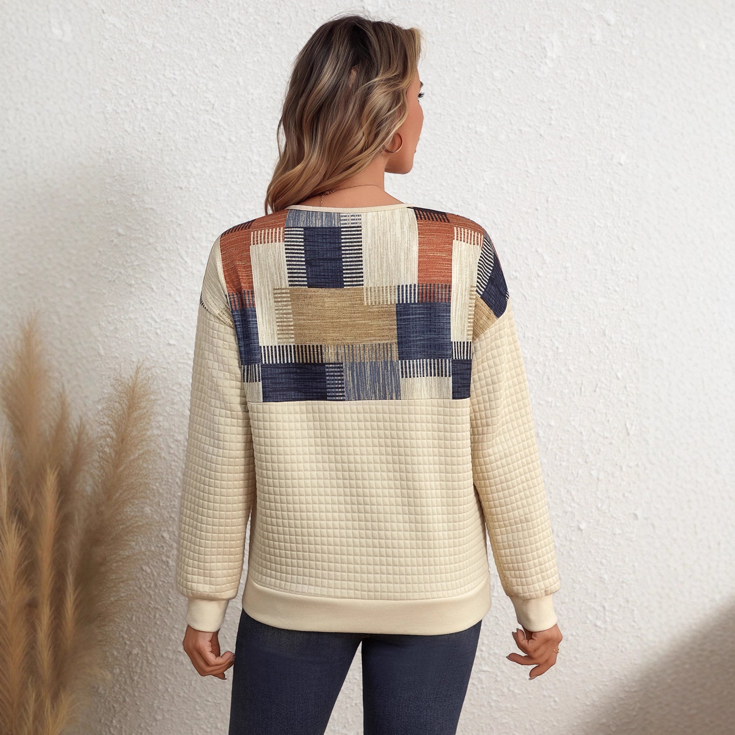 Female Casual Versatile Color-blocked Loose V-neck Top