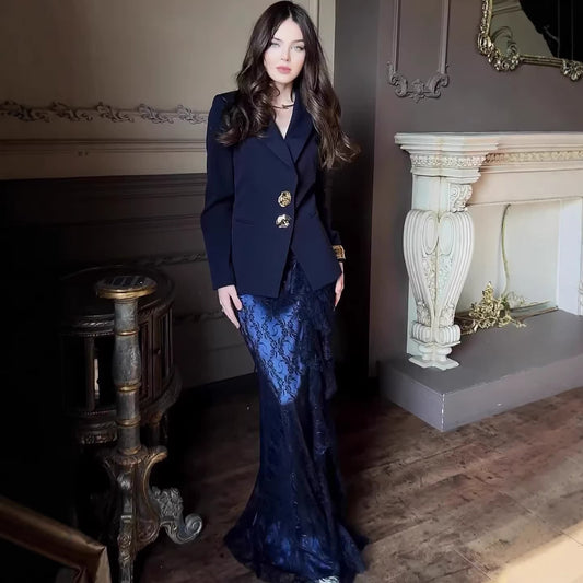 Sophisticated Slim Fit Long Sleeve Tailored Blazer And Skirt Set With A Cinched Waist