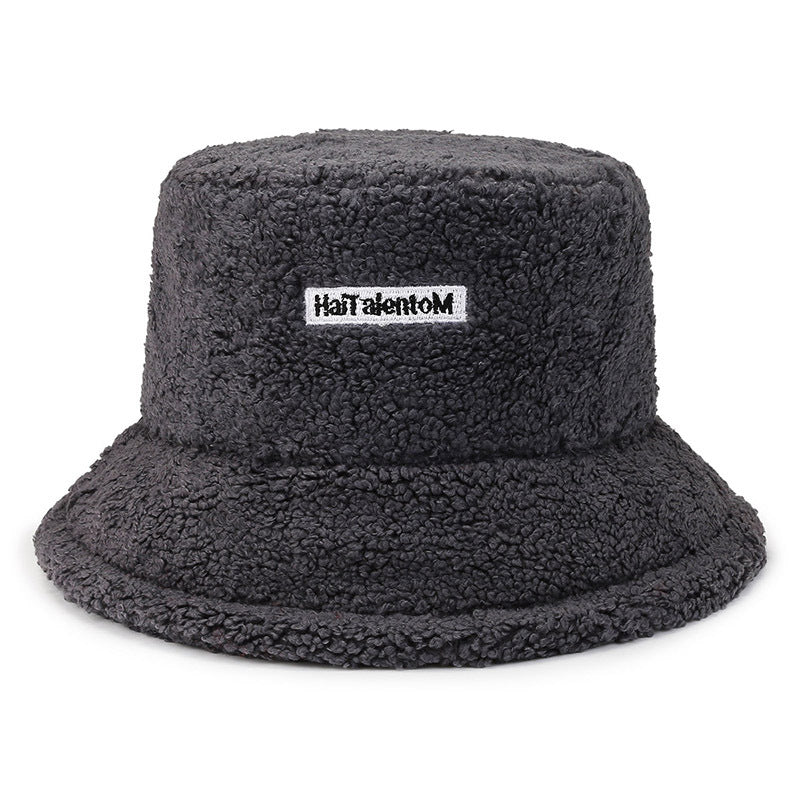 Internet Celebrity Same Style Lamb Wool Bucket Hat Female Korean Style Letter Embroidery Simple All-match