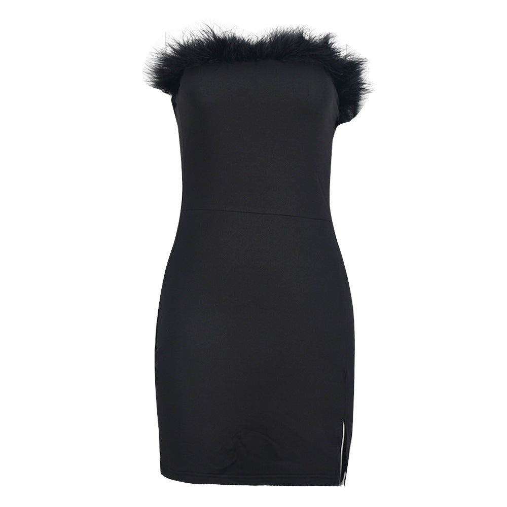 Sexy Fur-trimmed Hollow-out Backless Hip-hugging Skirt