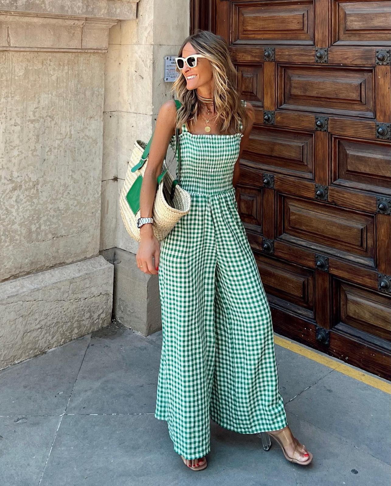 Summer Elegant Women's Trousers Plaid Jumpsuit Mid-waist Casual Pants