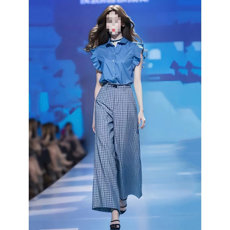 Blue Shirt And Loose Wide-leg Pants Two-piece Set