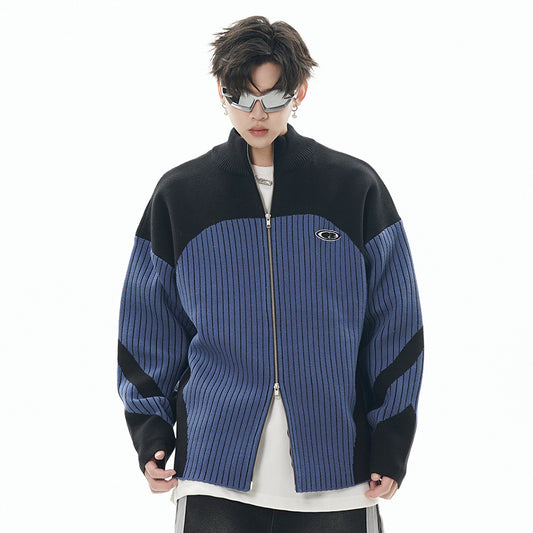 European And American Style Multi-colored Half-turtleneck Two-way Zipper Sweater Coat
