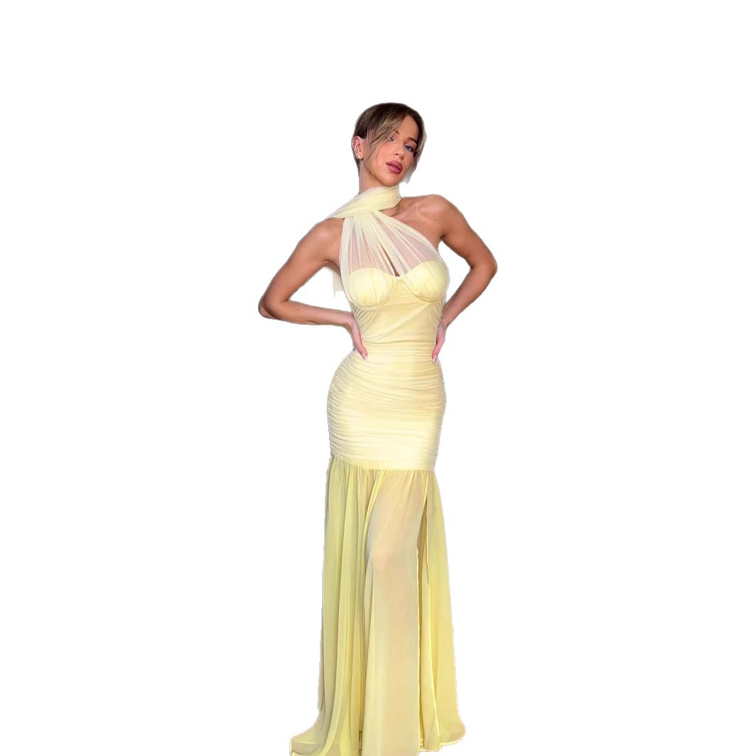 Backless Milk Silk Sleeveless Mesh Evening Dress Dress