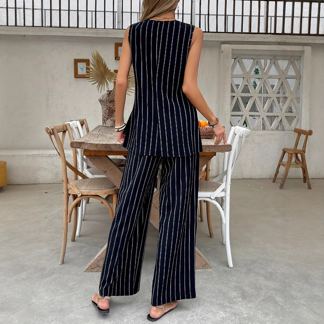 Striped Vest And Wide-Leg Pants Fashion Set