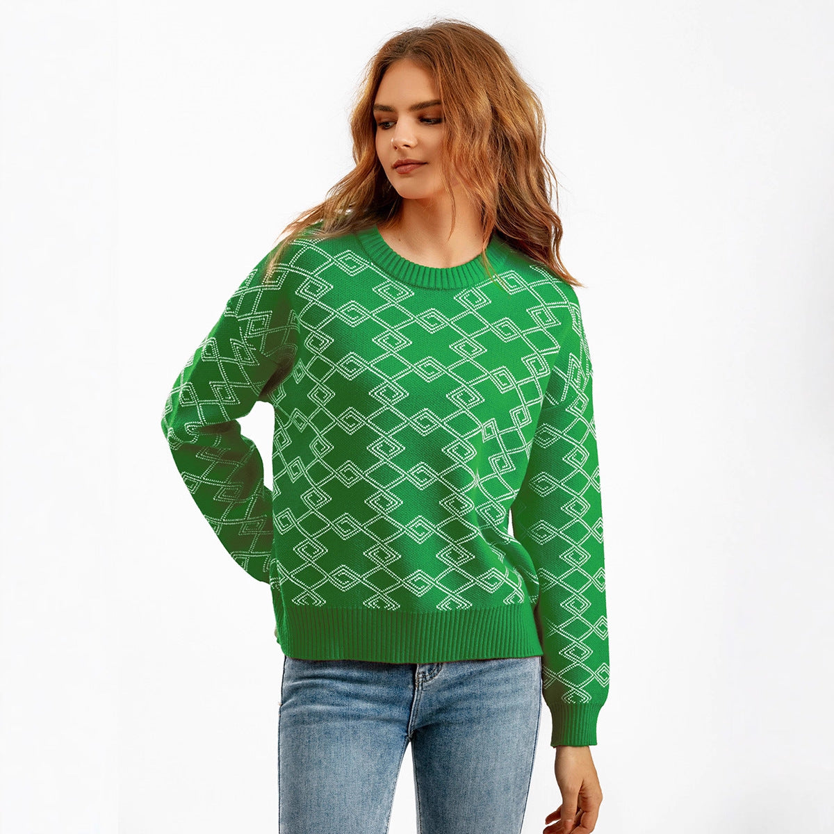 Jacquard Long-sleeved Sweater Loose Round Neck Western Style