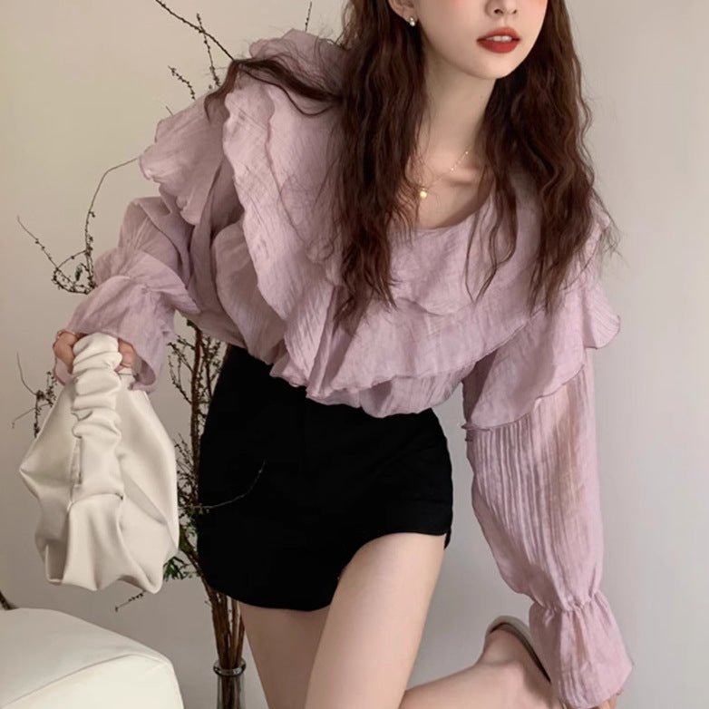 Womens Solid-Color Irregular Chiffon Long-Sleeve Shirt