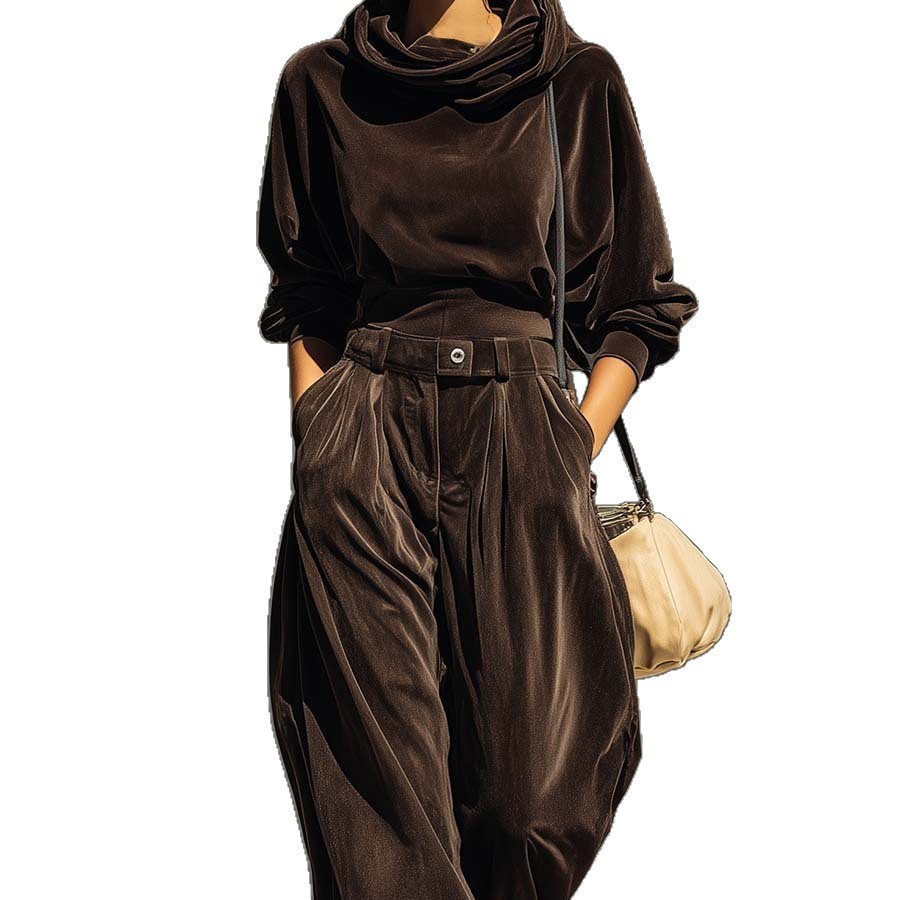 Velvet Hooded Long-sleeve With Tapered Pants Casual Set For Women