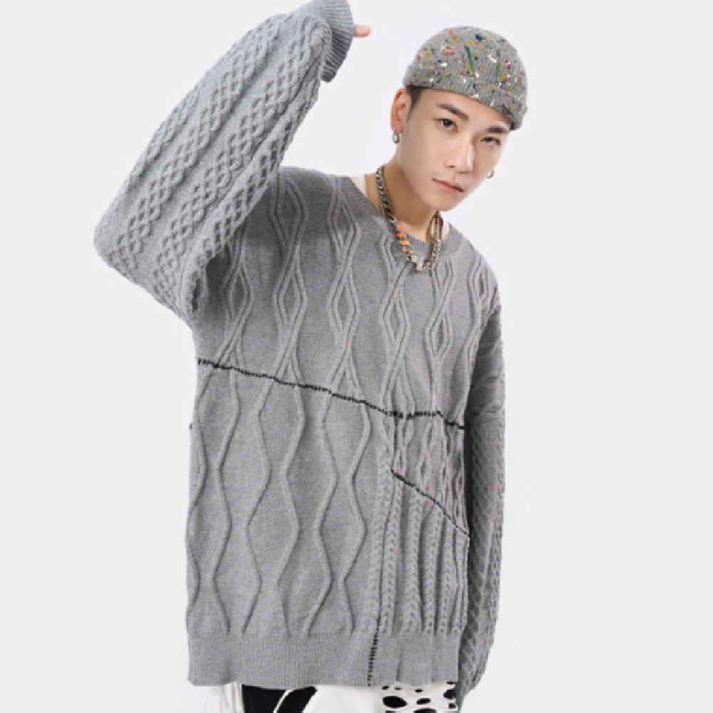 Hand Sewn Mixed Knitting Round Neck Pullover Loose Knit