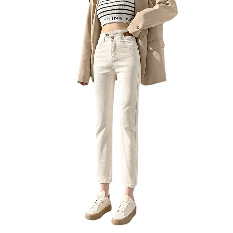 Autumn And Winter Stretch Fleece Ankle-tied Straight Jeans Women's Cropped Pants Small