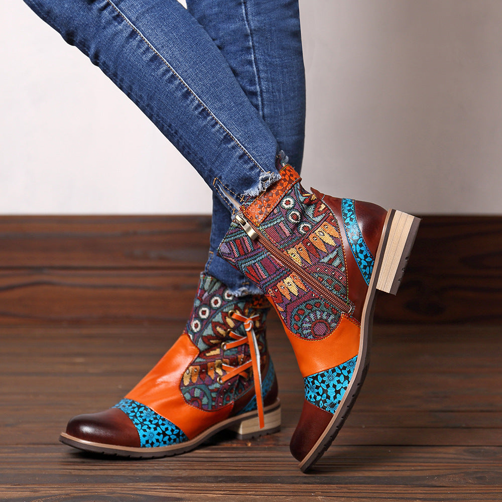 Ladies mid-tube print stitching Martin boots