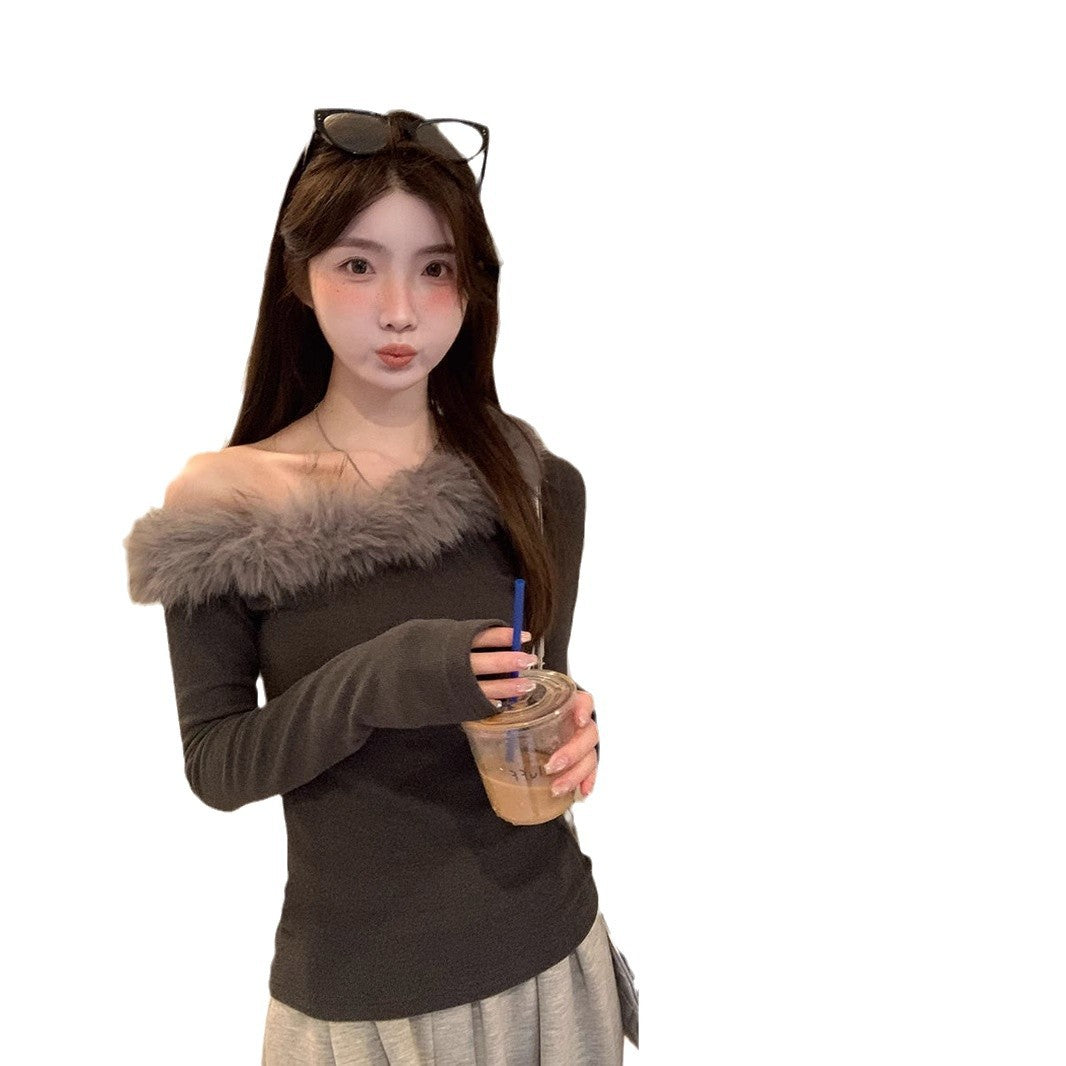 Womens Fluffy Slanted-shoulder Long-sleeve Top