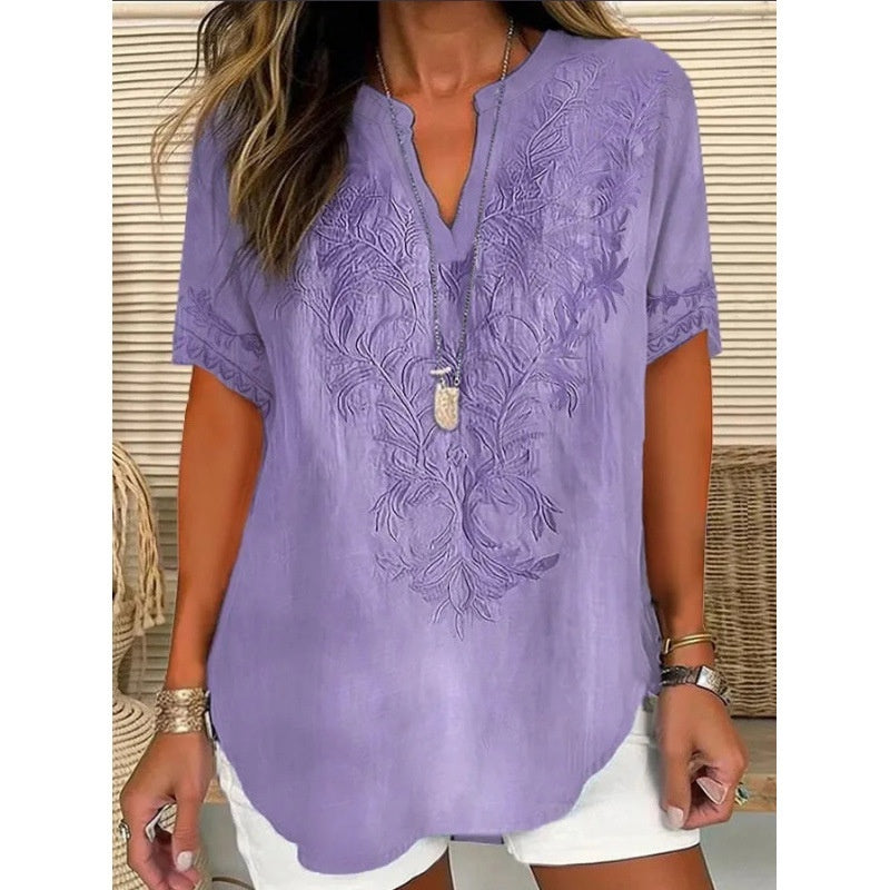 Printed Women's Spring And Summer Loose V-neck Short Sleeve Top 3D