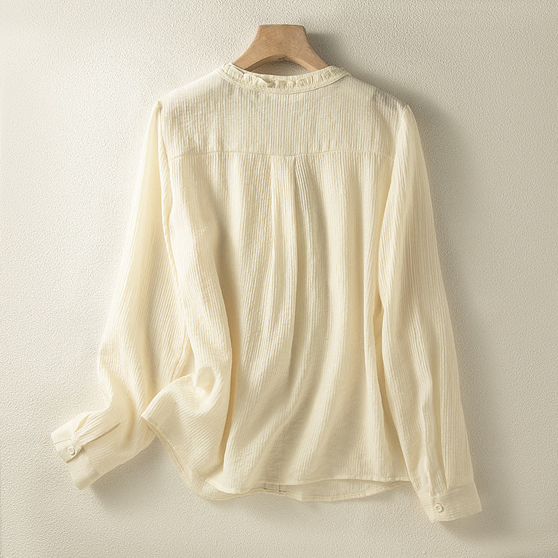 Womens Long Sleeve V Neck Loose Fit Button Up Shirt