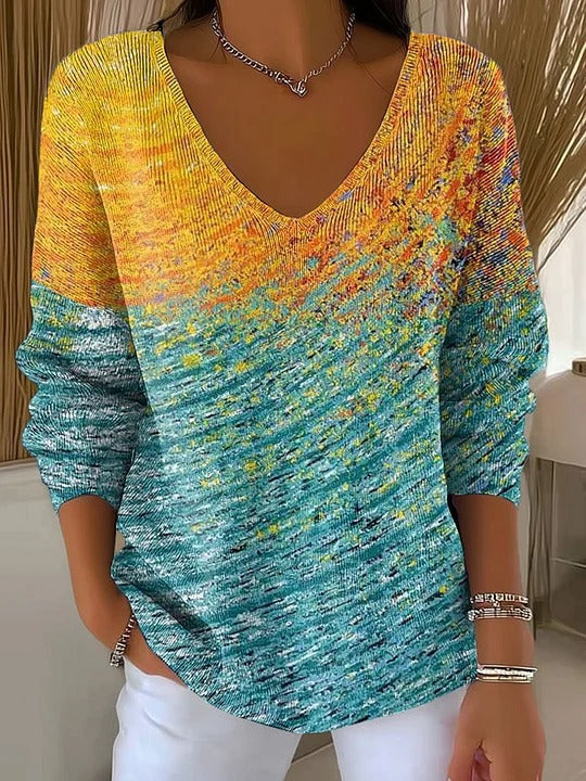 Drop Shoulder V-neck Long Sleeve Pullover 3D Digital Printing Women's Top T-shirt