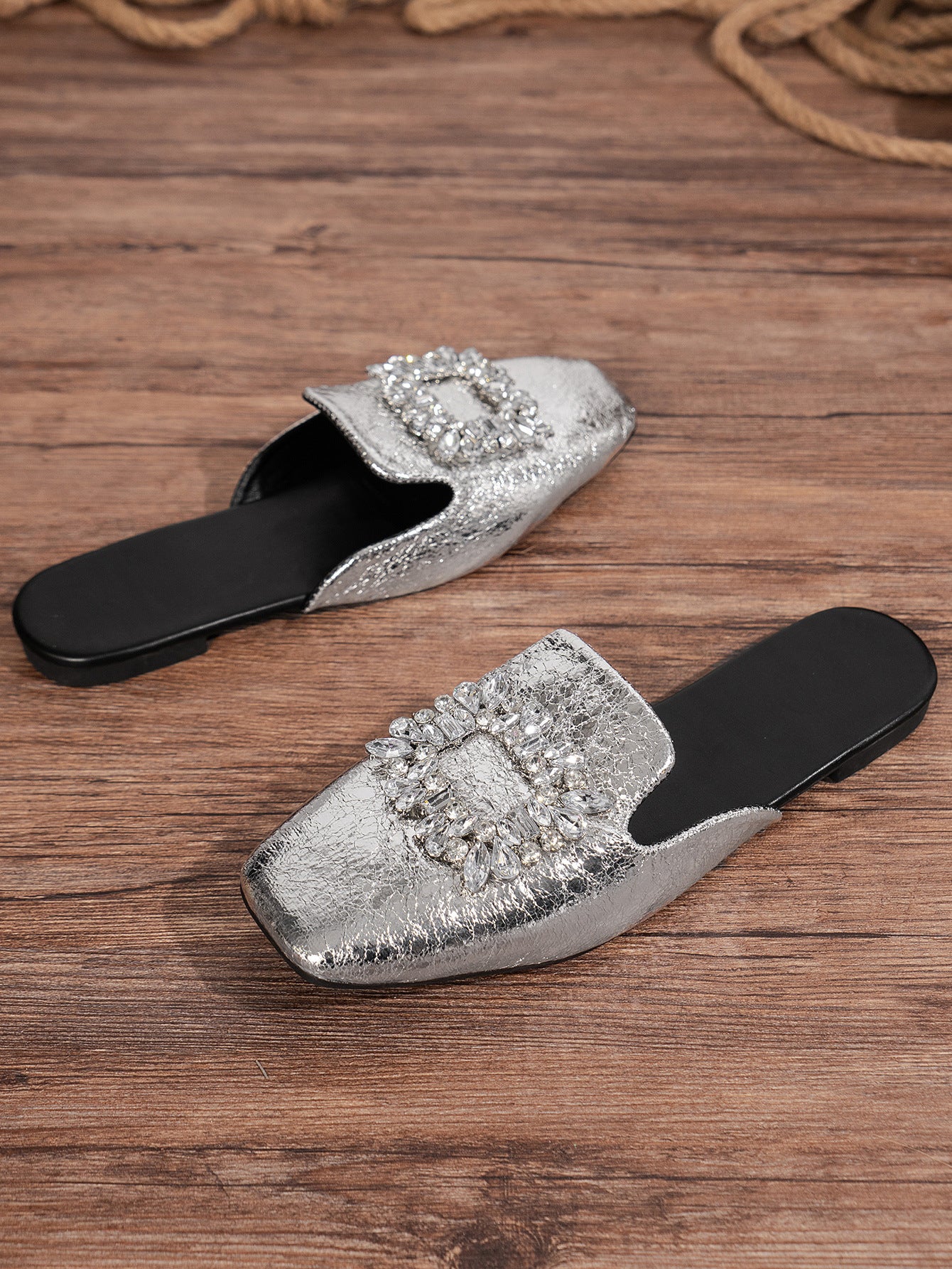 With Skirt Flat Heel Silver Square Toe Rhinestone Semi Slippers