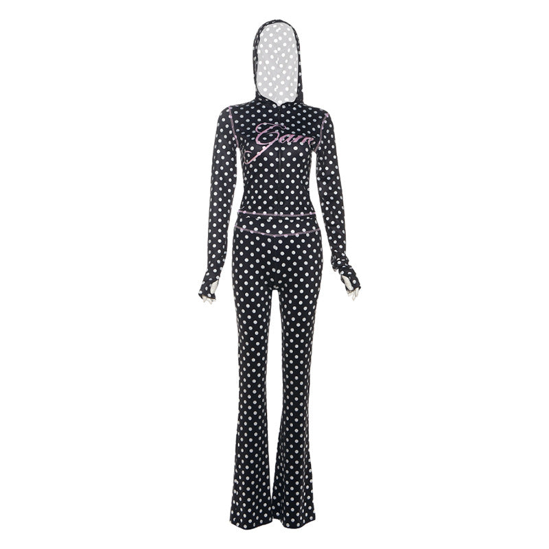 Womens Polka Dot Letter Print Top And Pants Set