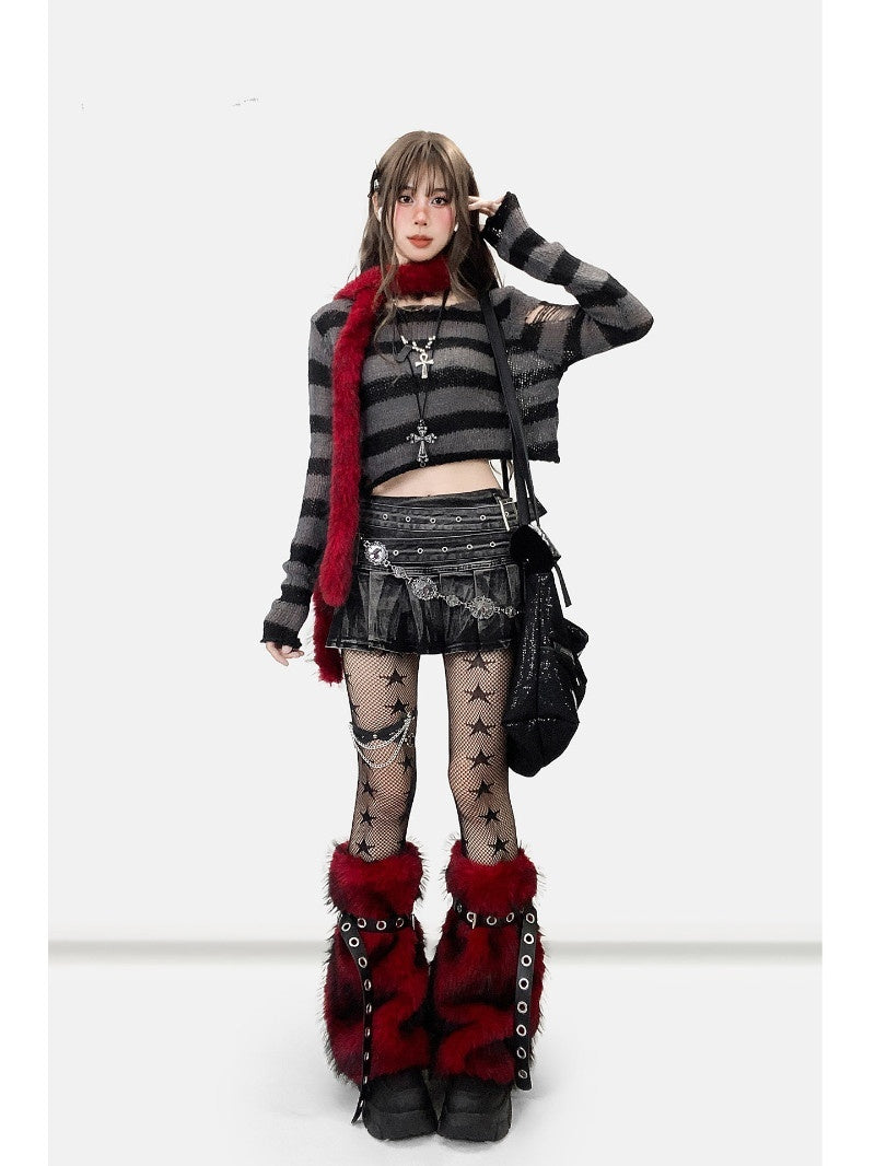 Fuzzy Raw-edge Wine-red Leg Warmers With A Slight Flared Mid-calf Design