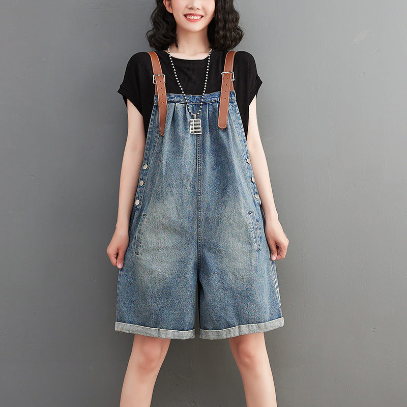 Korean Version Of The New Fat Sister Summer Contrast Color Shoulder Strap Denim Overalls 5 Points