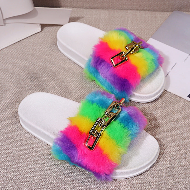 Fashion Simple Ladies Rainbow Plush Slippers
