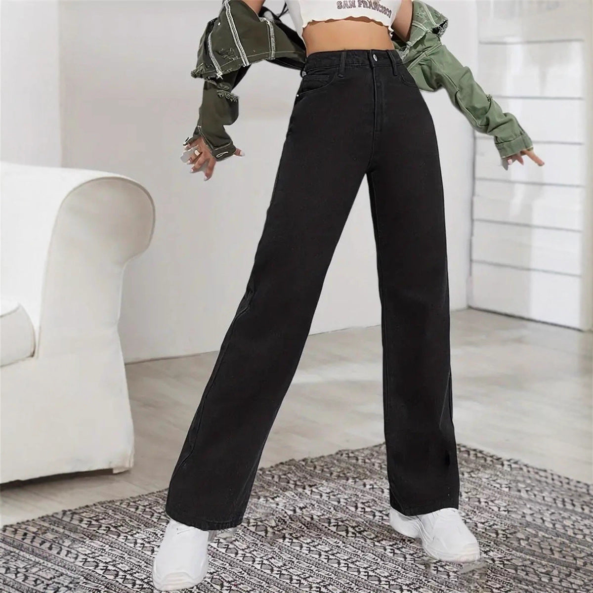 Black Wash Straight Stretch Casual Trousers