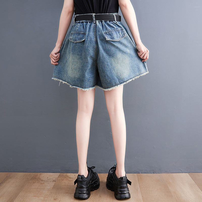Women's New Korean Style Denim Stitching Washed Shorts